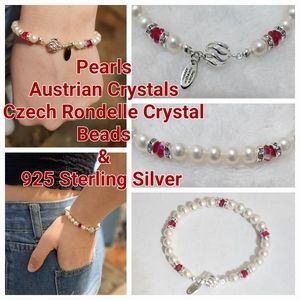 Genuine Cultured Pearl, Austrian Crystal 925 Sterling Silver Bracelet